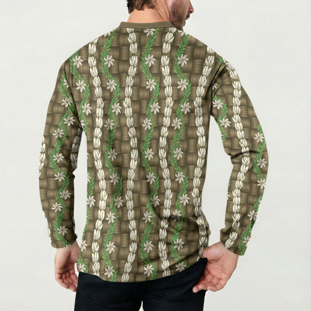 Pikake Maile Tiare Lei Button Sweatshirt Natural Lauhala Pattern