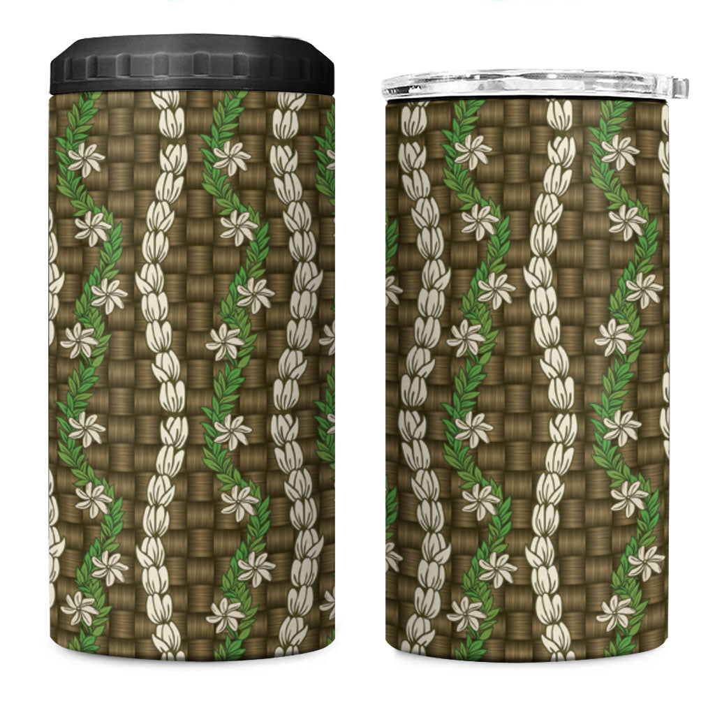 Pikake Maile Tiare Lei 4 in 1 Can Cooler Tumbler Natural Lauhala Pattern