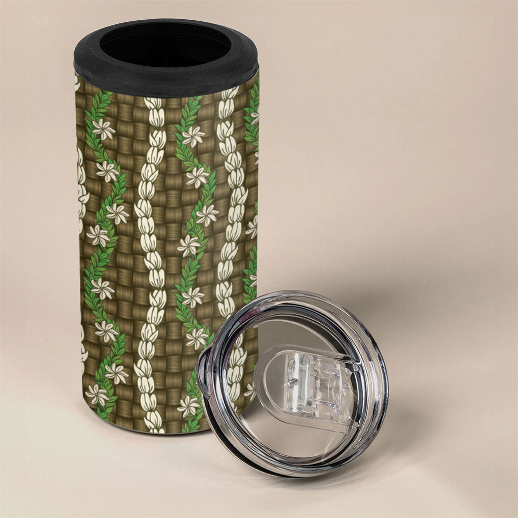 Pikake Maile Tiare Lei 4 in 1 Can Cooler Tumbler Natural Lauhala Pattern