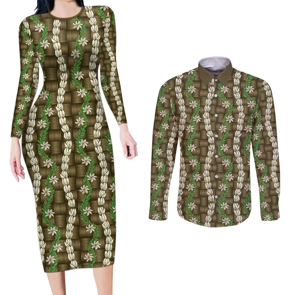 Pikake Maile Tiare Lei Couples Matching Long Sleeve Bodycon Dress and Long Sleeve Button Shirt Natural Lauhala Pattern LT01 Brown - Polynesian Pride
