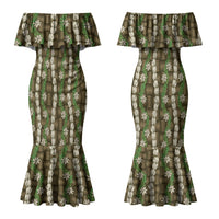 Pikake Maile Tiare Lei Couples Matching Mermaid Dress and Long Sleeve Button Shirt Natural Lauhala Pattern LT01 - Polynesian Pride
