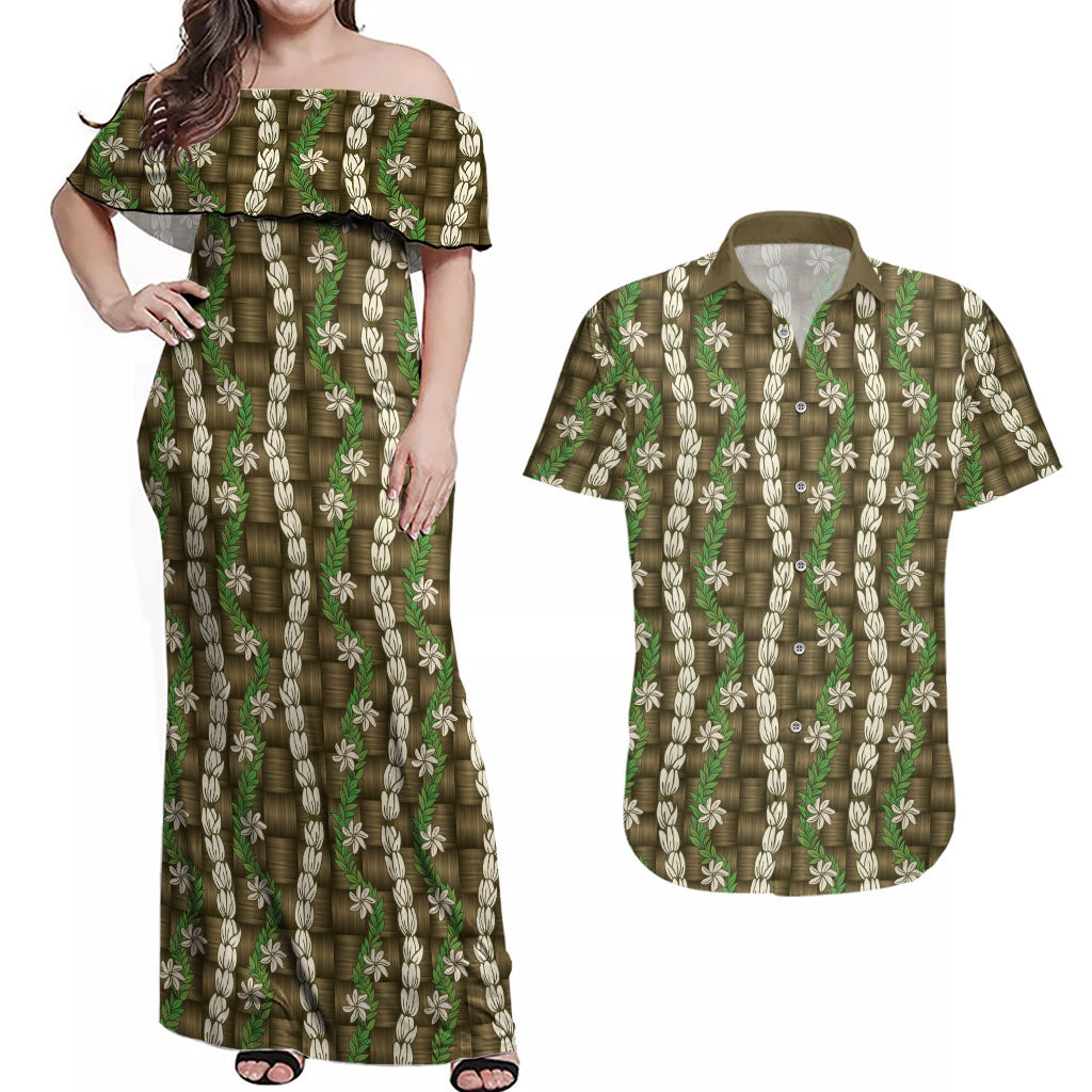 Pikake Maile Tiare Lei Couples Matching Off Shoulder Maxi Dress and Hawaiian Shirt Natural Lauhala Pattern