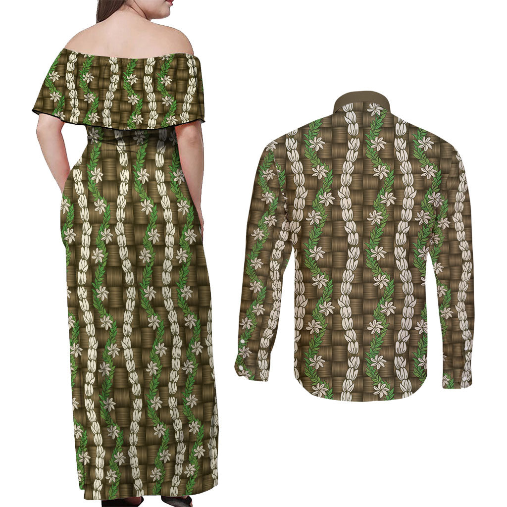 Pikake Maile Tiare Lei Couples Matching Off Shoulder Maxi Dress and Long Sleeve Button Shirt Natural Lauhala Pattern