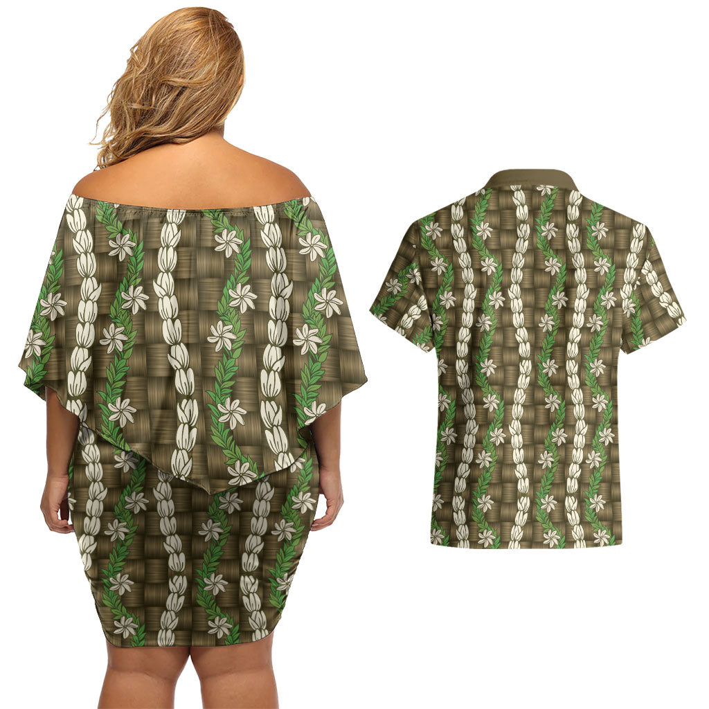 Pikake Maile Tiare Lei Couples Matching Off Shoulder Short Dress and Hawaiian Shirt Natural Lauhala Pattern
