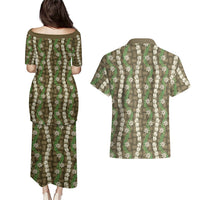 Pikake Maile Tiare Lei Couples Matching Puletasi and Hawaiian Shirt Natural Lauhala Pattern