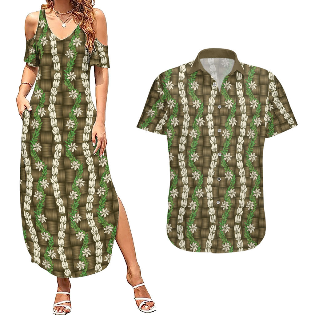 Pikake Maile Tiare Lei Couples Matching Summer Maxi Dress and Hawaiian Shirt Natural Lauhala Pattern LT01 Brown - Polynesian Pride