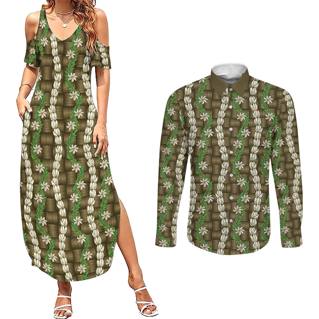 Pikake Maile Tiare Lei Couples Matching Summer Maxi Dress and Long Sleeve Button Shirt Natural Lauhala Pattern