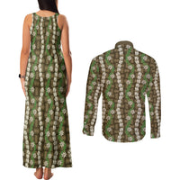 Pikake Maile Tiare Lei Couples Matching Tank Maxi Dress and Long Sleeve Button Shirt Natural Lauhala Pattern