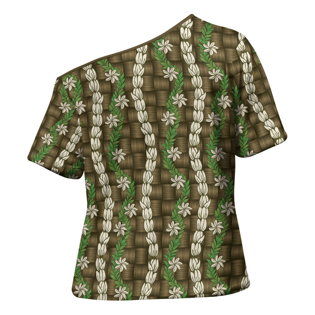 Pikake Maile Tiare Lei Cross Shoulder Shirt Natural Lauhala Pattern