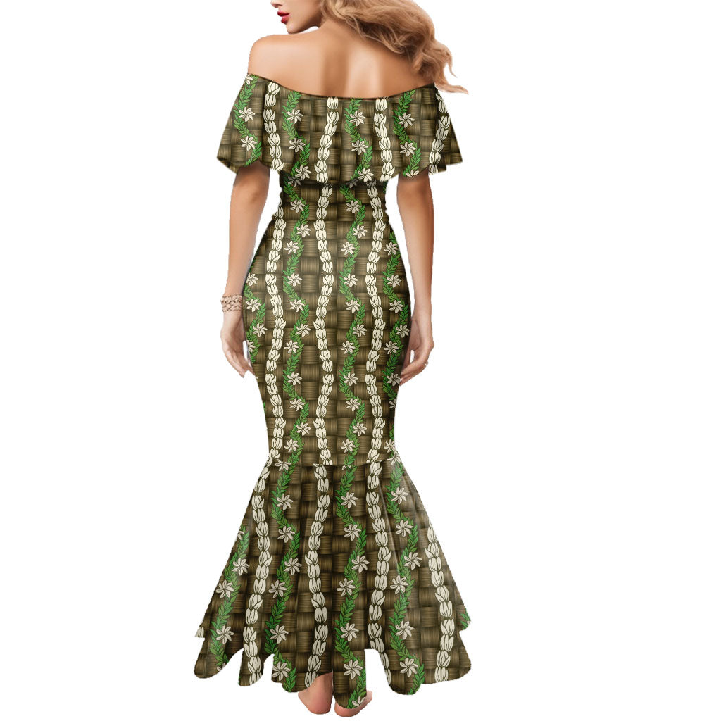 Pikake Maile Tiare Lei Family Matching Mermaid Dress and Hawaiian Shirt Natural Lauhala Pattern