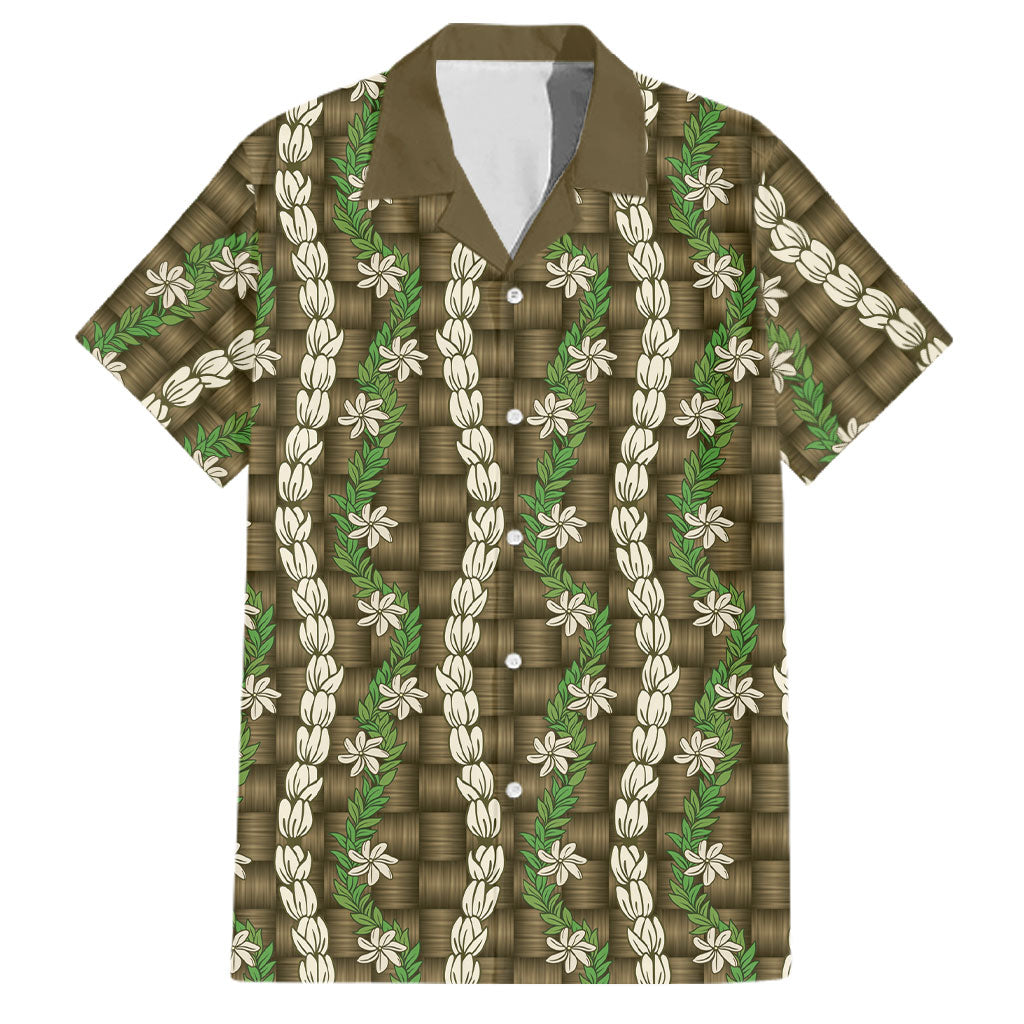 Pikake Maile Tiare Lei Family Matching Off The Shoulder Long Sleeve Dress and Hawaiian Shirt Natural Lauhala Pattern