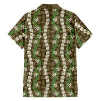 Pikake Maile Tiare Lei Family Matching Off The Shoulder Long Sleeve Dress and Hawaiian Shirt Natural Lauhala Pattern