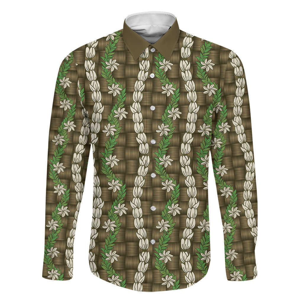 Pikake Maile Tiare Lei Family Matching Off The Shoulder Long Sleeve Dress and Hawaiian Shirt Natural Lauhala Pattern
