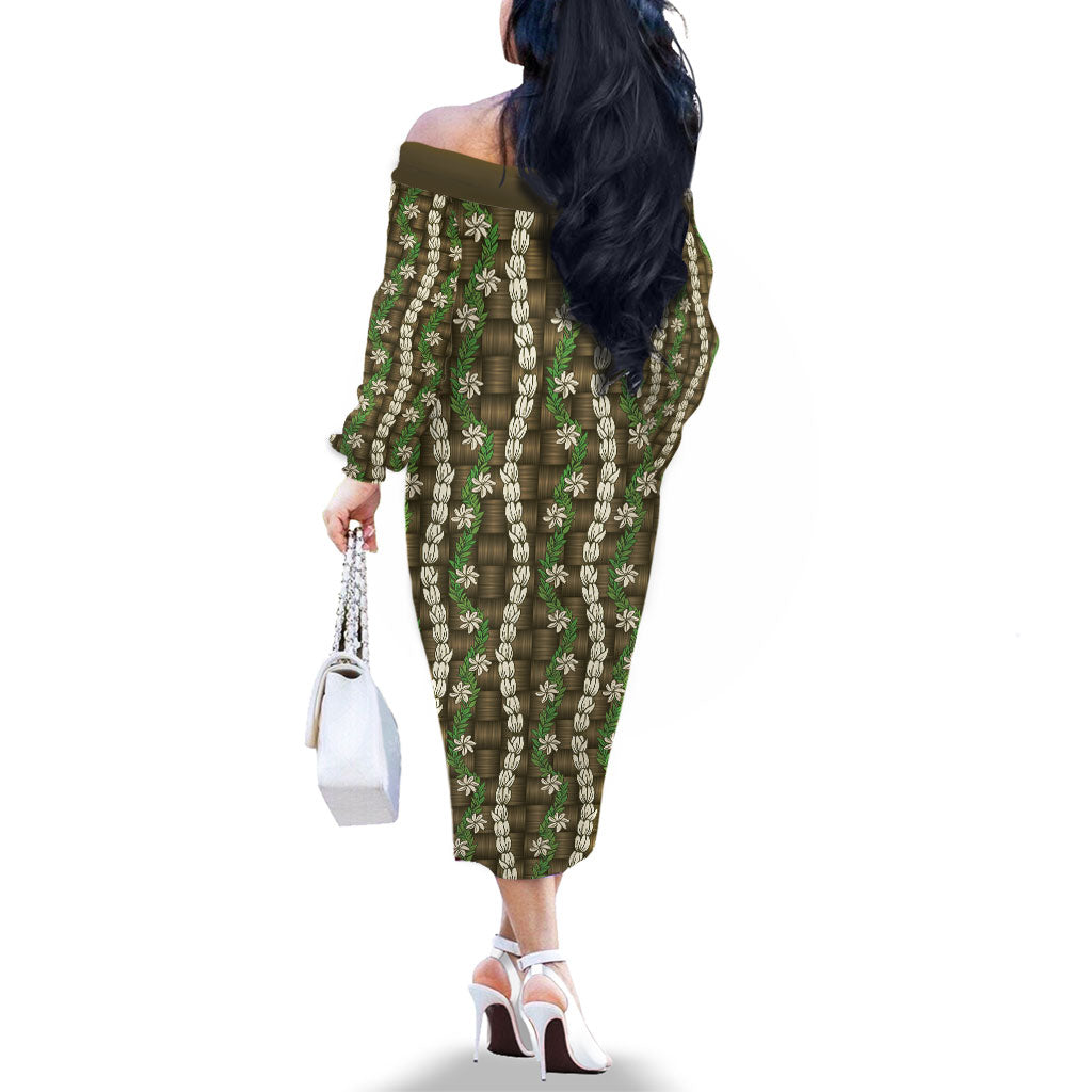 Pikake Maile Tiare Lei Family Matching Off The Shoulder Long Sleeve Dress and Hawaiian Shirt Natural Lauhala Pattern