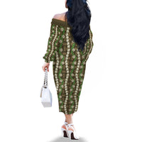 Pikake Maile Tiare Lei Family Matching Off The Shoulder Long Sleeve Dress and Hawaiian Shirt Natural Lauhala Pattern