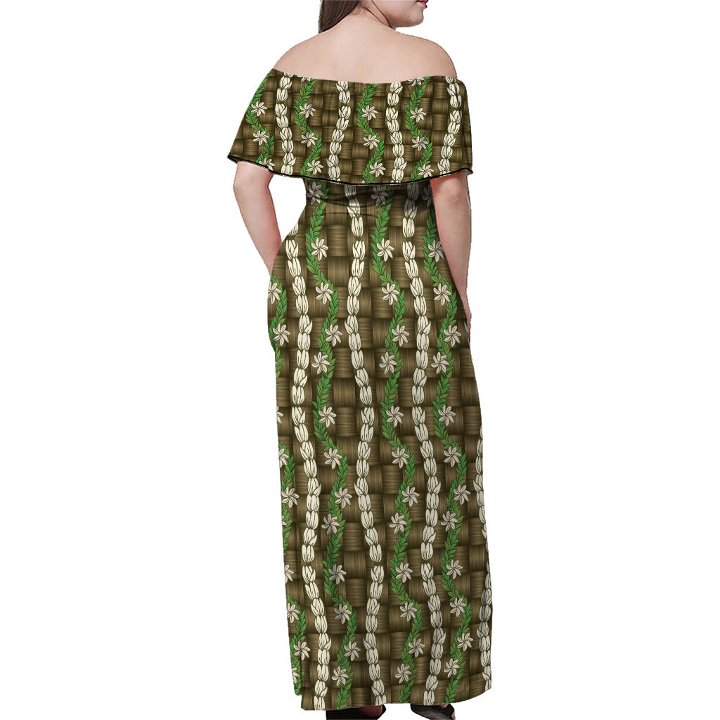 Pikake Maile Tiare Lei Family Matching Off Shoulder Maxi Dress and Hawaiian Shirt Natural Lauhala Pattern