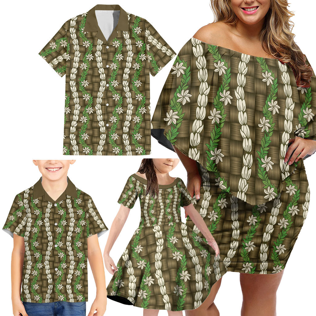 Pikake Maile Tiare Lei Family Matching Off Shoulder Short Dress and Hawaiian Shirt Natural Lauhala Pattern LT01 - Polynesian Pride