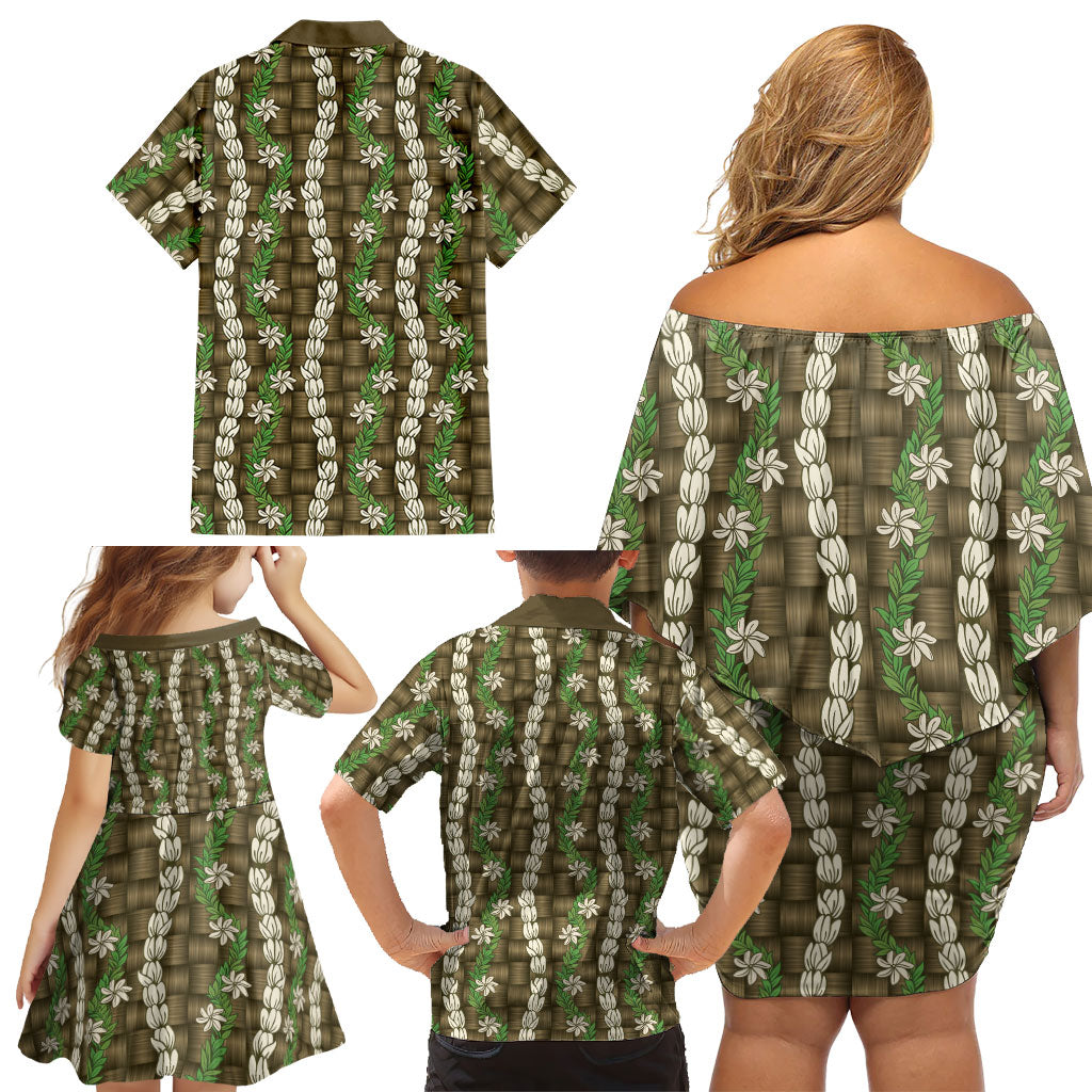 Pikake Maile Tiare Lei Family Matching Off Shoulder Short Dress and Hawaiian Shirt Natural Lauhala Pattern