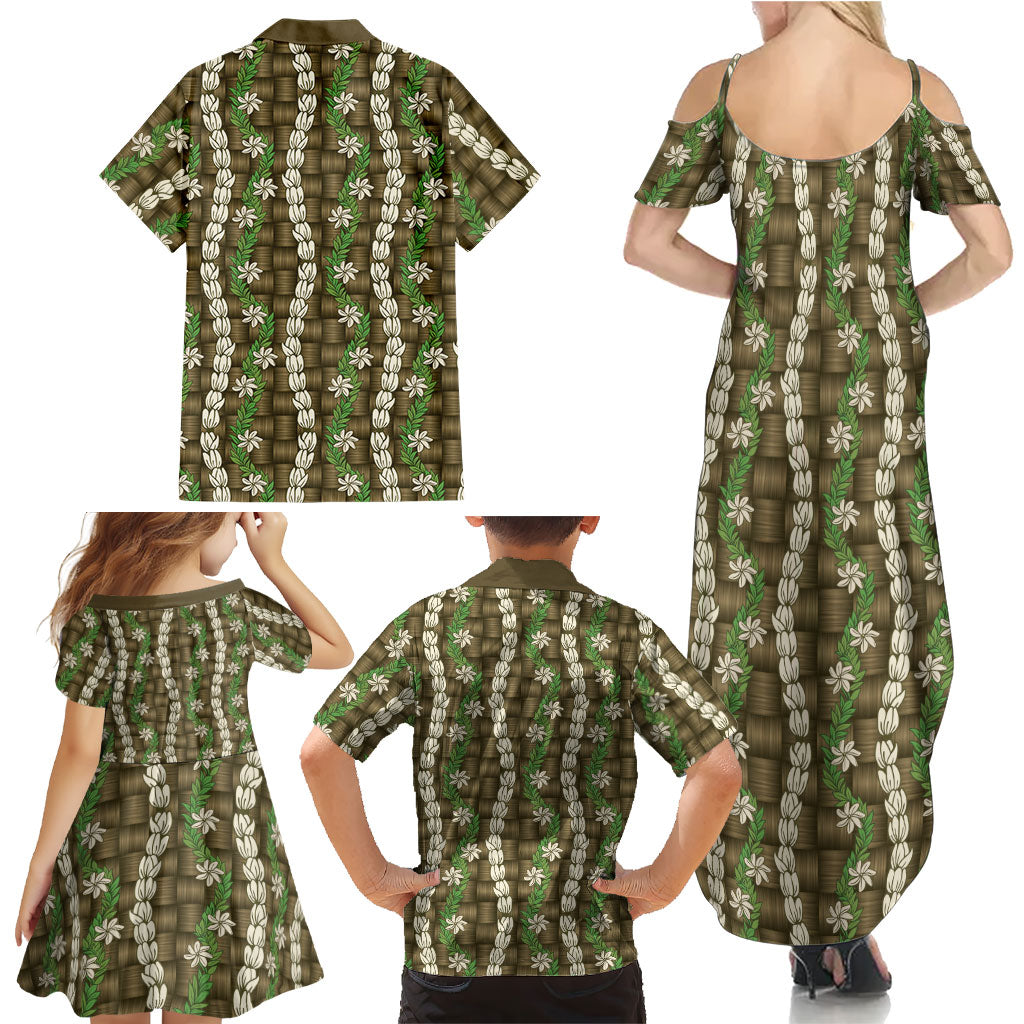 Pikake Maile Tiare Lei Family Matching Summer Maxi Dress and Hawaiian Shirt Natural Lauhala Pattern