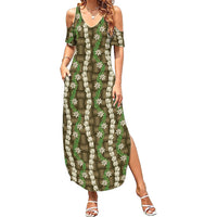Pikake Maile Tiare Lei Family Matching Summer Maxi Dress and Hawaiian Shirt Natural Lauhala Pattern