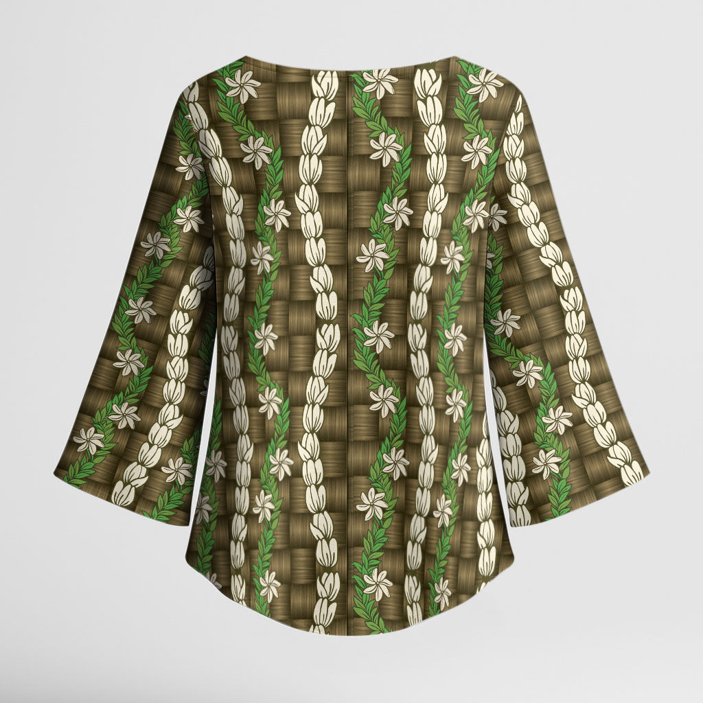 Pikake Maile Tiare Lei Kimono Sleeve Blouse Natural Lauhala Pattern