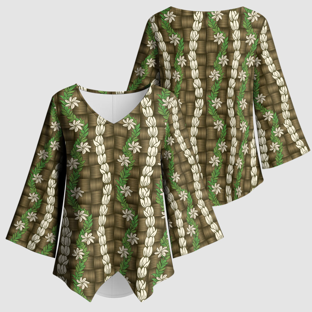 Pikake Maile Tiare Lei Kimono Sleeve Blouse Natural Lauhala Pattern