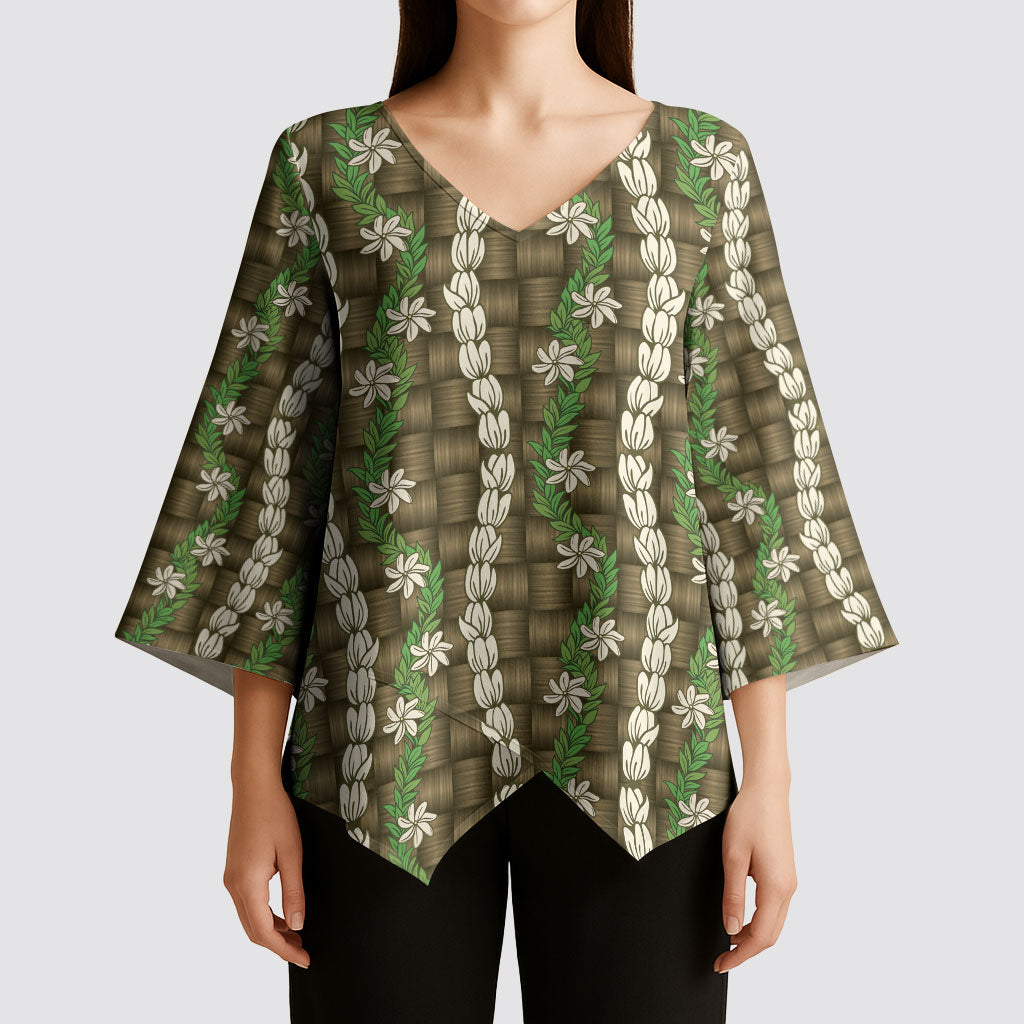 Pikake Maile Tiare Lei Kimono Sleeve Blouse Natural Lauhala Pattern