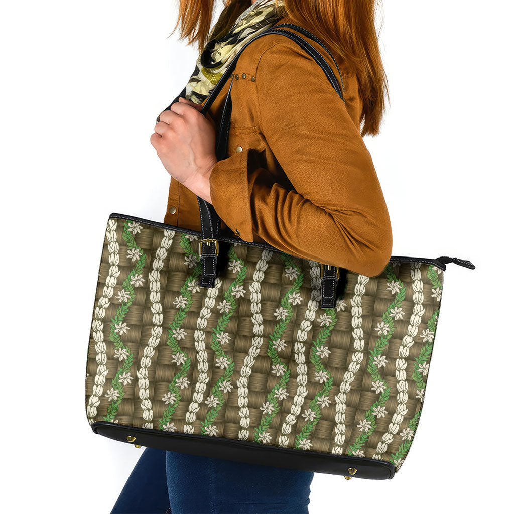 Pikake Maile Tiare Lei Leather Tote Bag Natural Lauhala Pattern