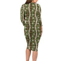 Pikake Maile Tiare Lei Long Sleeve Bodycon Dress Natural Lauhala Pattern