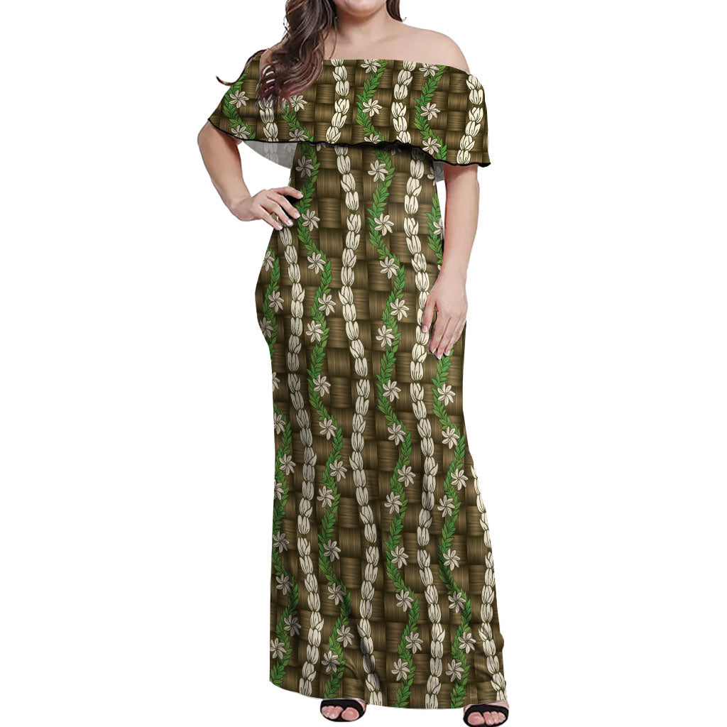 Pikake Maile Tiare Lei Off Shoulder Maxi Dress Natural Lauhala Pattern LT01 Women Brown - Polynesian Pride