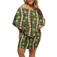 Pikake Maile Tiare Lei Off Shoulder Short Dress Natural Lauhala Pattern LT01 Women Brown - Polynesian Pride