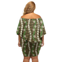 Pikake Maile Tiare Lei Off Shoulder Short Dress Natural Lauhala Pattern LT01 - Polynesian Pride