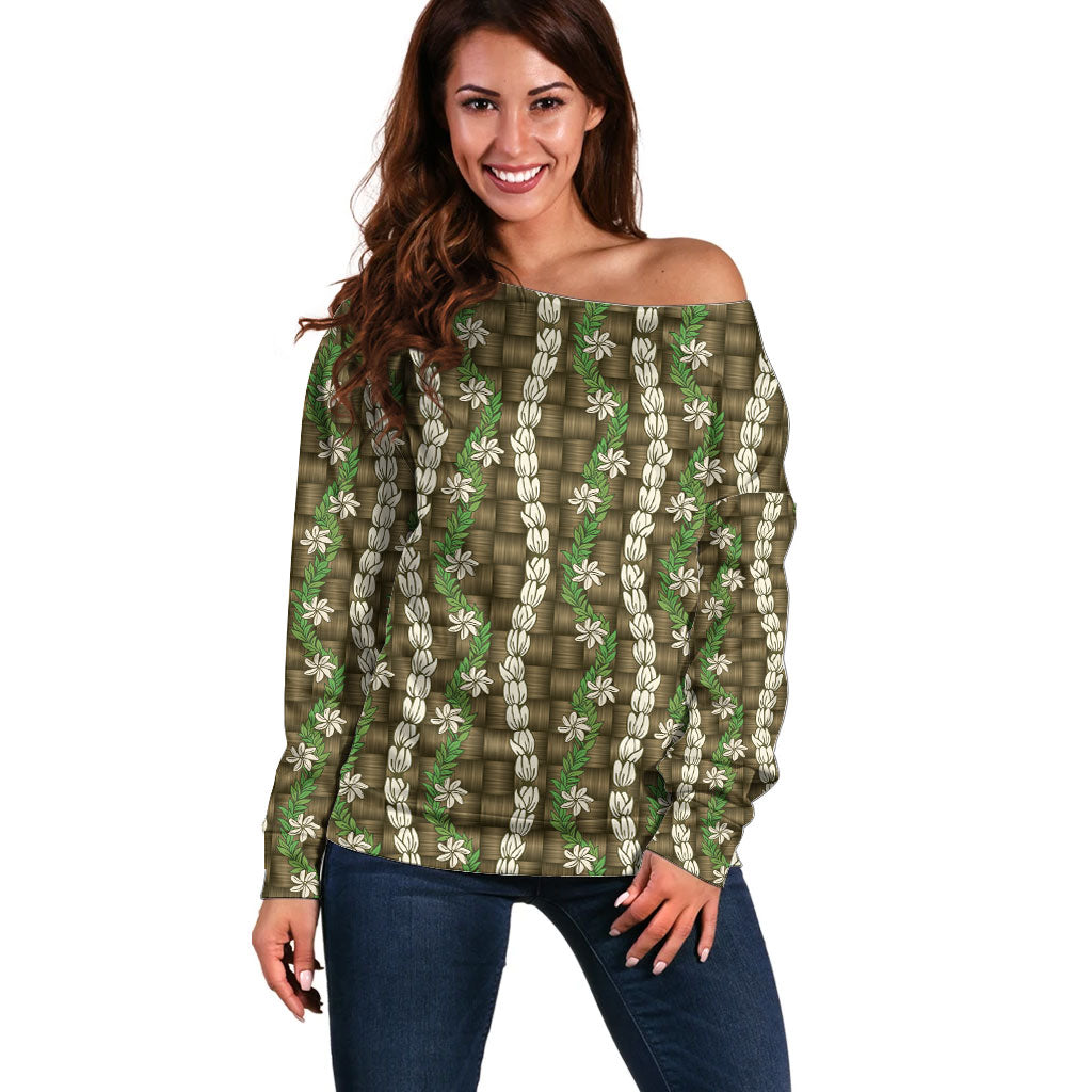 Pikake Maile Tiare Lei Off Shoulder Sweater Natural Lauhala Pattern