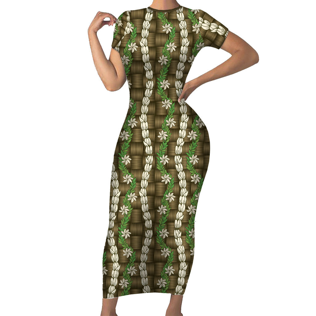 Pikake Maile Tiare Lei Short Sleeve Bodycon Dress Natural Lauhala Pattern