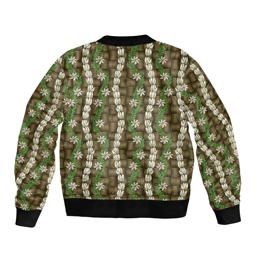 Pikake Maile Tiare Lei Sleeve Zip Bomber Jacket Natural Lauhala Pattern
