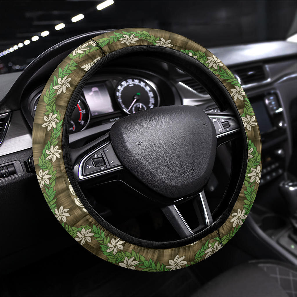 Pikake Maile Tiare Lei Steering Wheel Cover Natural Lauhala Pattern