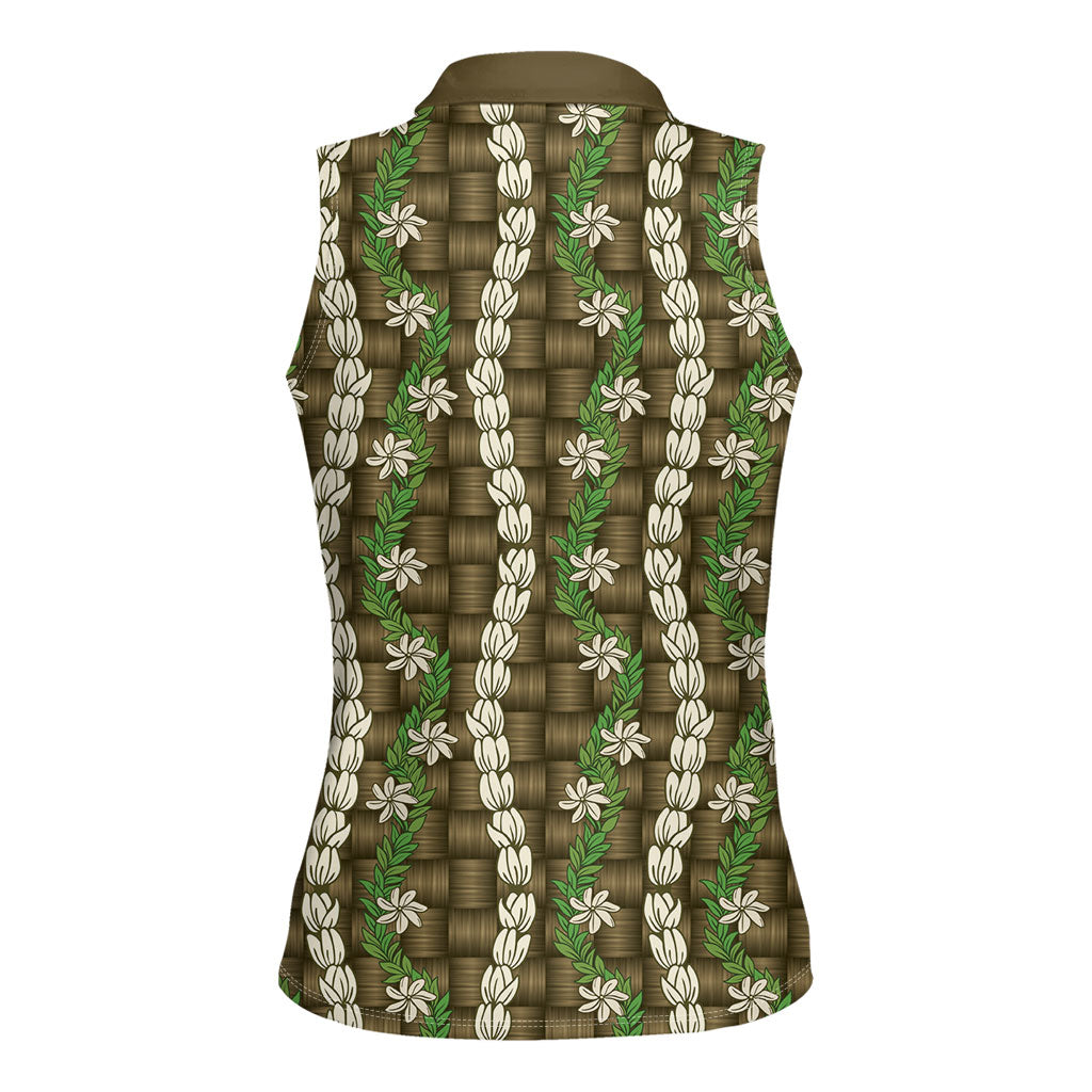 Pikake Maile Tiare Lei Women Sleeveless Polo Shirt Natural Lauhala Pattern