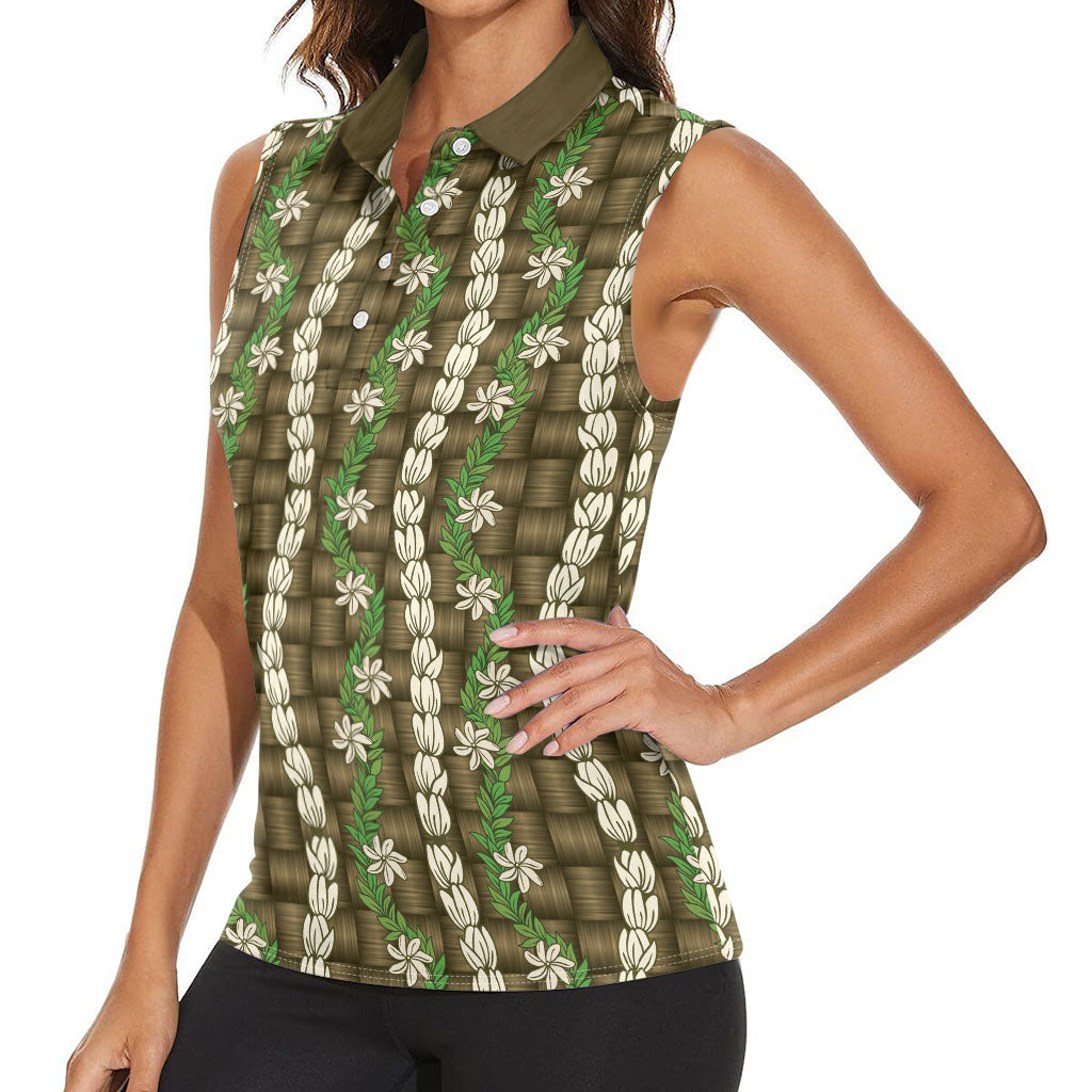 Pikake Maile Tiare Lei Women Sleeveless Polo Shirt Natural Lauhala Pattern
