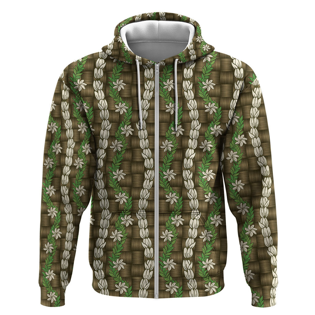 Pikake Maile Tiare Lei Zip Hoodie Natural Lauhala Pattern