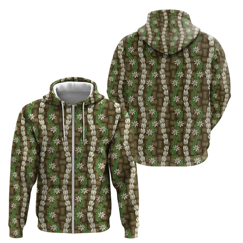 Pikake Maile Tiare Lei Zip Hoodie Natural Lauhala Pattern