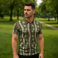 Pikake Maile Tiare Lei Zipper Polo Shirt Natural Lauhala Pattern