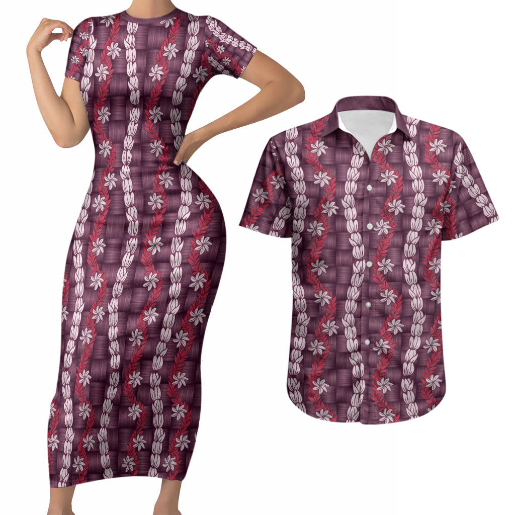 Pikake Maile Tiare Lei Couples Matching Short Sleeve Bodycon Dress and Hawaiian Shirt Akala Lauhala Pattern LT01 Pink - Polynesian Pride