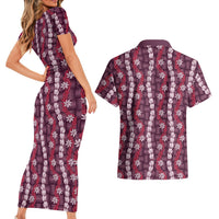 Pikake Maile Tiare Lei Couples Matching Short Sleeve Bodycon Dress and Hawaiian Shirt Akala Lauhala Pattern
