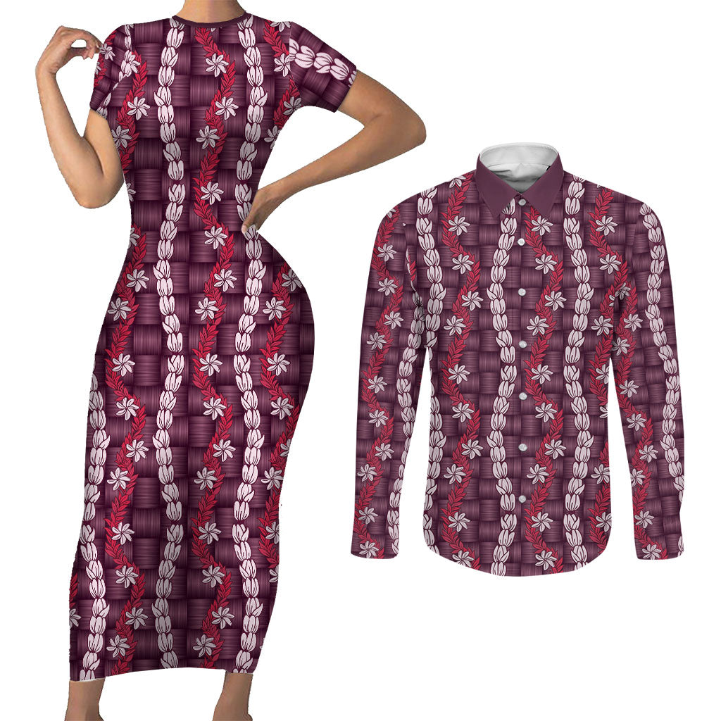 Pikake Maile Tiare Lei Couples Matching Short Sleeve Bodycon Dress and Long Sleeve Button Shirt Akala Lauhala Pattern LT01 Pink - Polynesian Pride