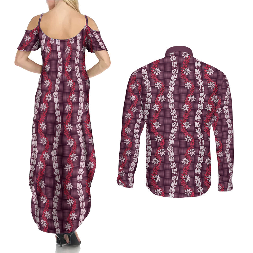 Pikake Maile Tiare Lei Couples Matching Summer Maxi Dress and Long Sleeve Button Shirt Akala Lauhala Pattern