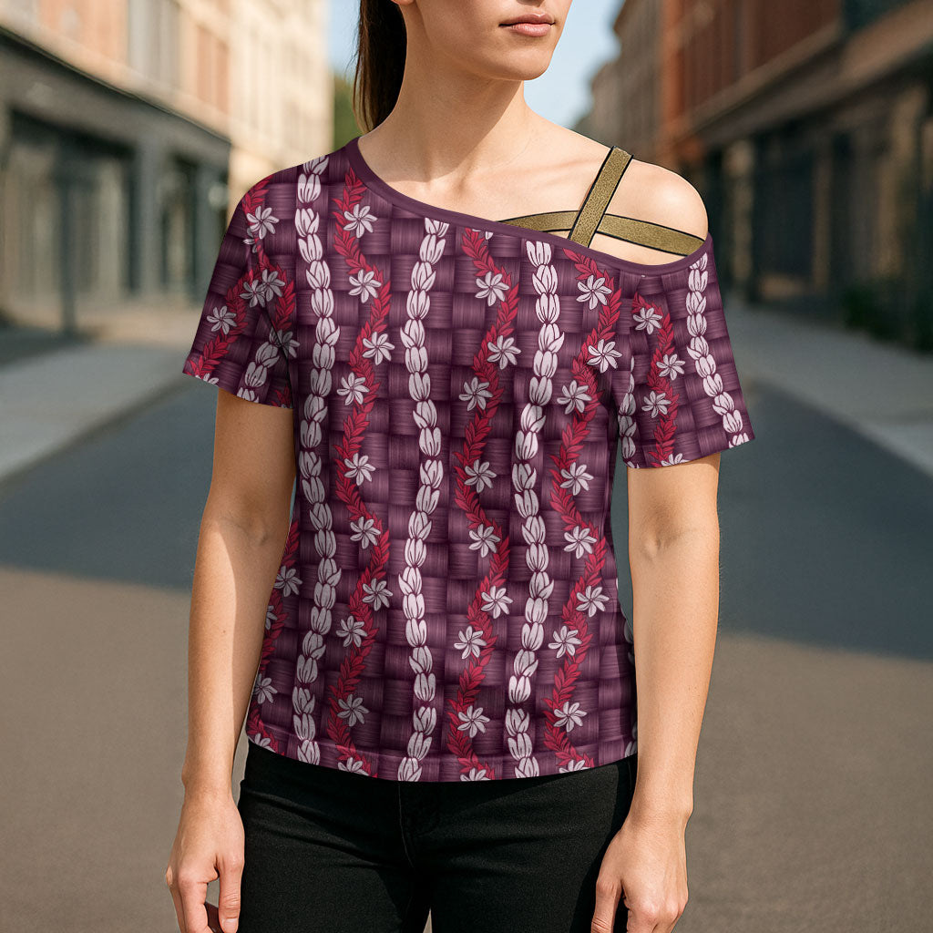 Pikake Maile Tiare Lei Cross Shoulder Shirt Akala Lauhala Pattern