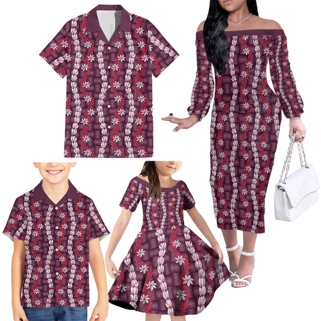 Pikake Maile Tiare Lei Family Matching Off The Shoulder Long Sleeve Dress and Hawaiian Shirt Akala Lauhala Pattern LT01 - Polynesian Pride