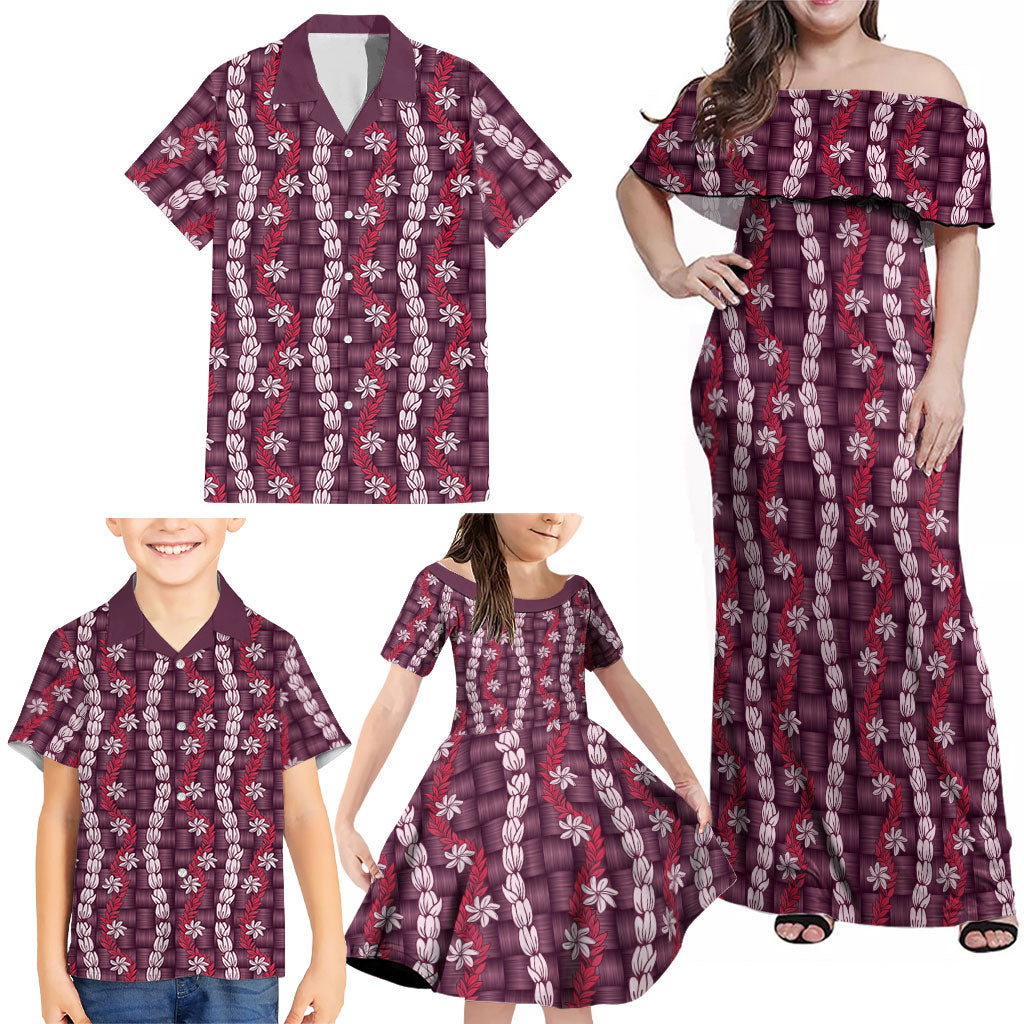Pikake Maile Tiare Lei Family Matching Off Shoulder Maxi Dress and Hawaiian Shirt Akala Lauhala Pattern