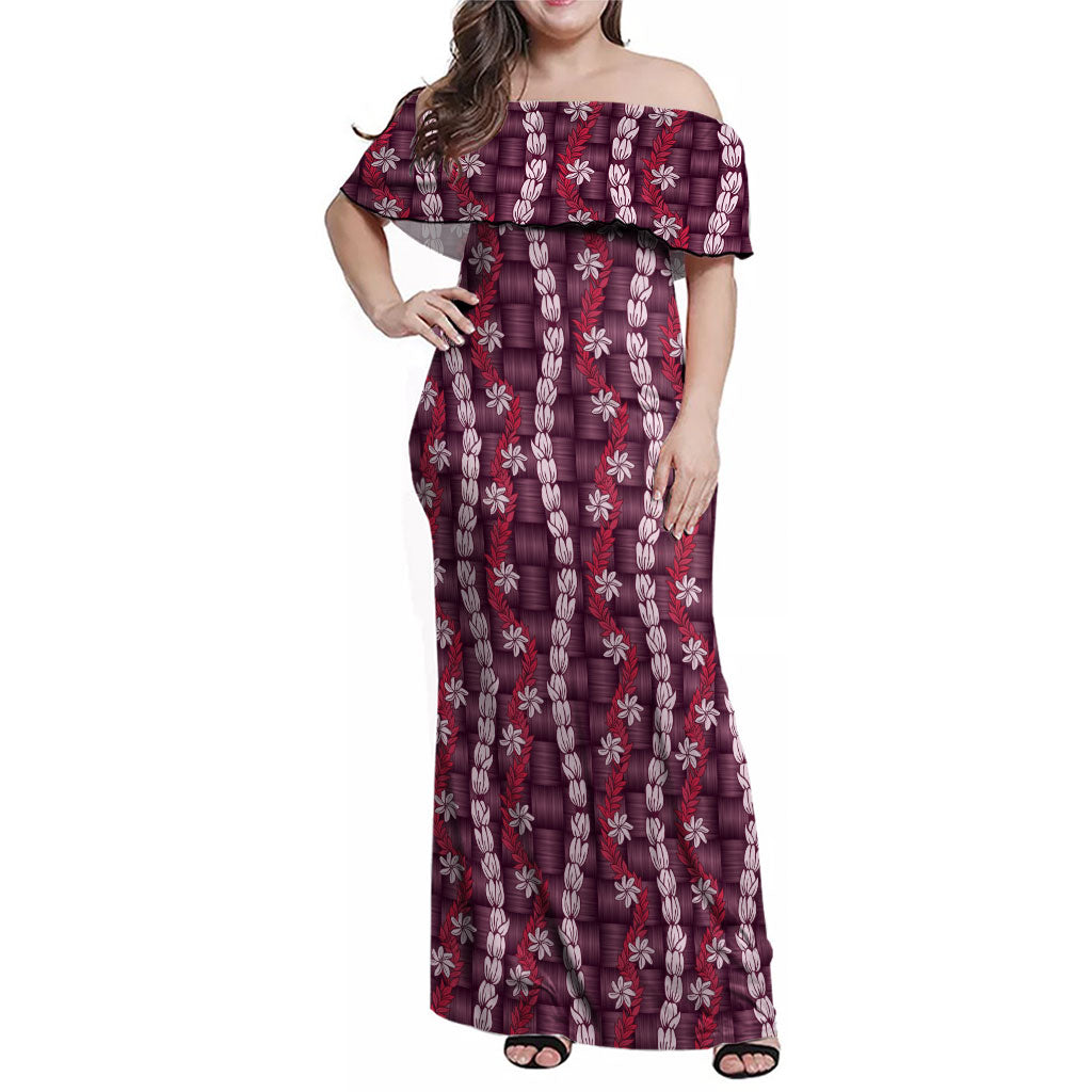 Pikake Maile Tiare Lei Family Matching Off Shoulder Maxi Dress and Hawaiian Shirt Akala Lauhala Pattern