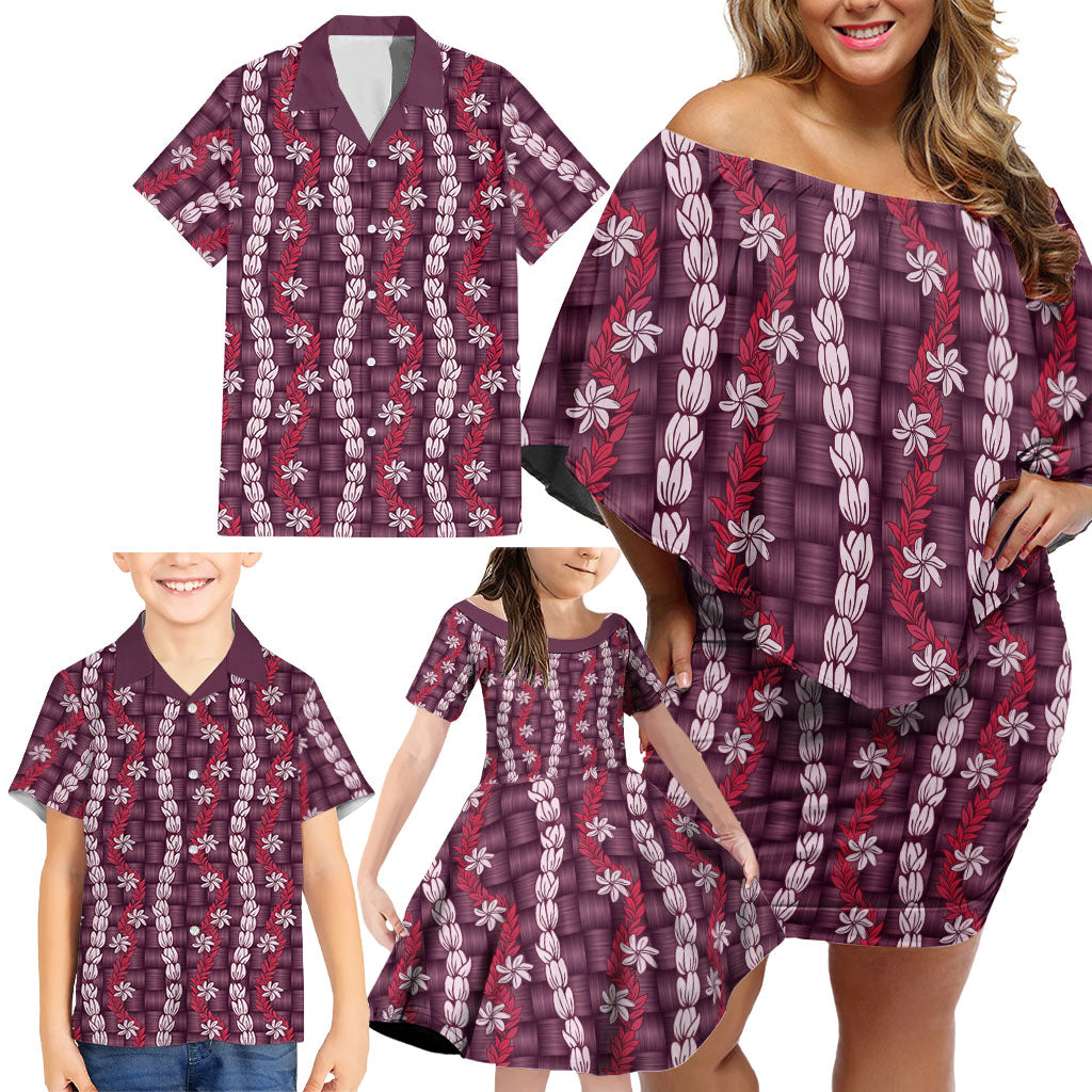 Pikake Maile Tiare Lei Family Matching Off Shoulder Short Dress and Hawaiian Shirt Akala Lauhala Pattern LT01 - Polynesian Pride